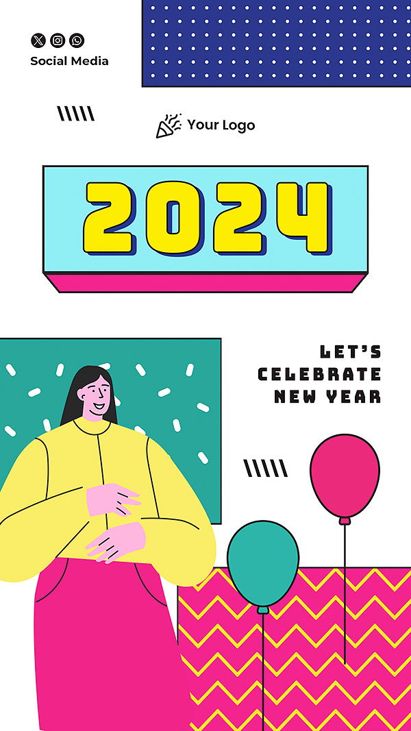 2024新年跨年简约人物插画海报