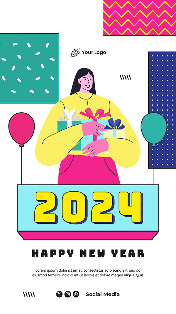 2024新年跨年简约人物插画海报